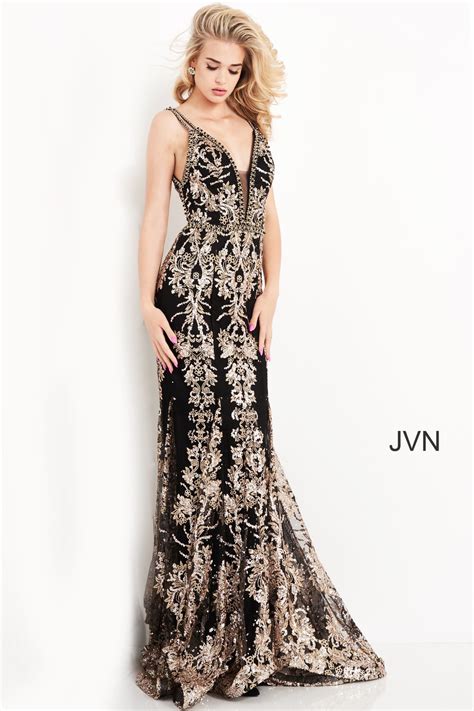 Bjvn04789 Black Gold Fitted Long Plunging Neck Prom Dress