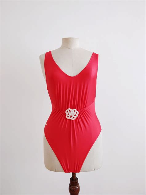 80s Red Swimsuit With Embellishment Pearls Jewel Red Swimsuit