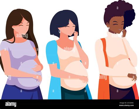 Three Pregnant Women Cartoons Design Belly Pregnancy Maternity And Mother Theme Vector