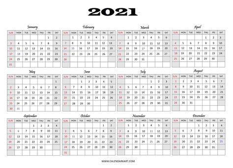 Year At A Glance 2021 Modifiable Calendar Calendar Printables Free Blank