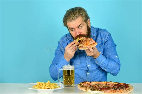 American Pub Menu Man Watching Football While Drinking Beer With Pizza And French Fries Eating