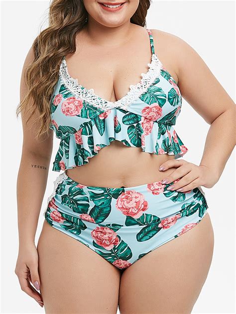 26 Off 2020 Laced Floral Palm Leaf Ruched Plus Size Bikini Swimsuit