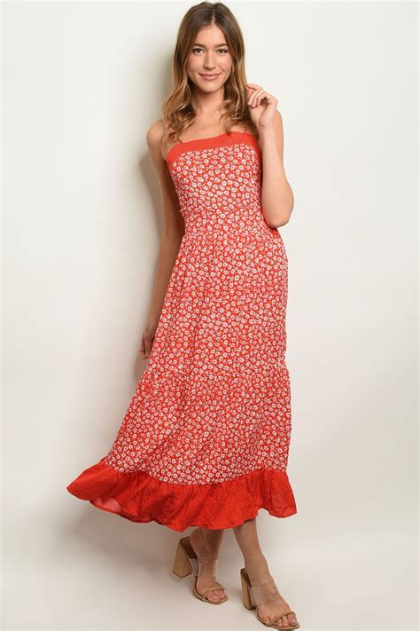Red Ivory With Flowers Dress Red Midi Dress Ruffled Maxi Dress