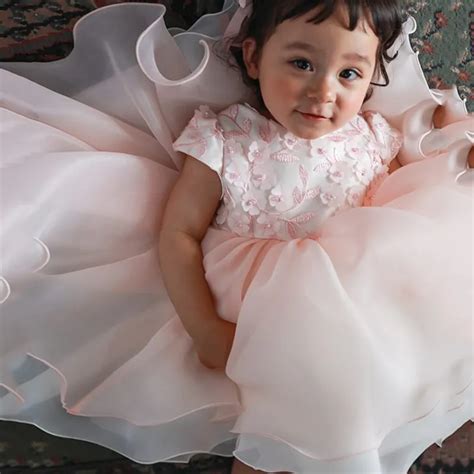 Newborn Baby Girl Dress Beaded Floral Pink Lace Tulle Baby Christening Party Gown Year