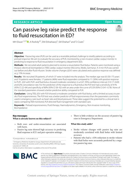 Pdf Can Passive Leg Raise Predict The Response To Fluid Resuscitation
