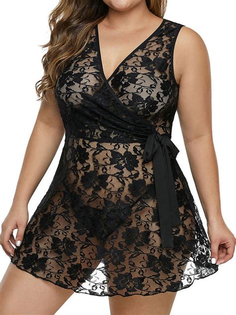 Stonecck Womens Plus Size See Through Lace Deep V Neck Tied Sleeveless