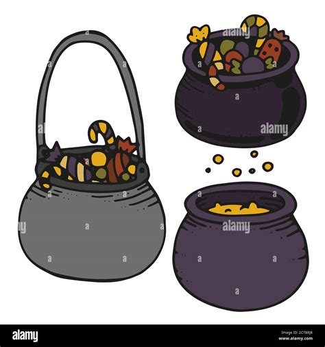 Vector Set Of Halloweens Cauldrons With Candy Spooky Illustration