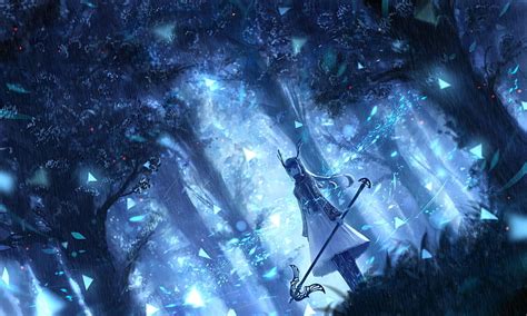 Hd Wallpaper Anime Girl Magical Staff Blue Forest Particles Horns