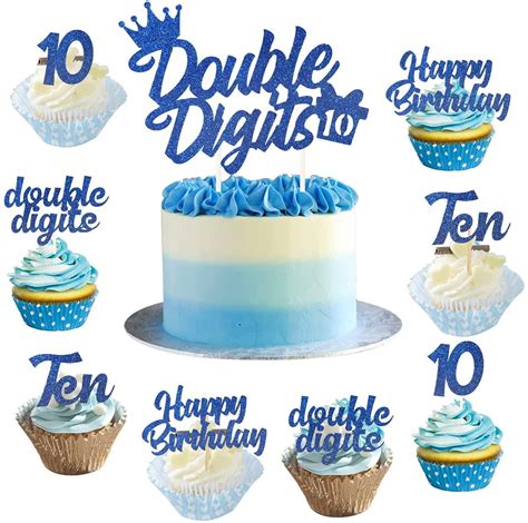 25pcs 10th Birthday Cake Decorations Blue Double Digits Ten Cupcake
