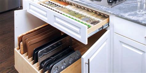 Corner kitchen cabinet squeeze more spaces home design blind corner cabinet solutions shelfgenie 22 kitchen organization ideas kitchen organizing tips and, lower kitchen cabinet storage ideas. Spice slide out drawer with glide out divider bin in ...