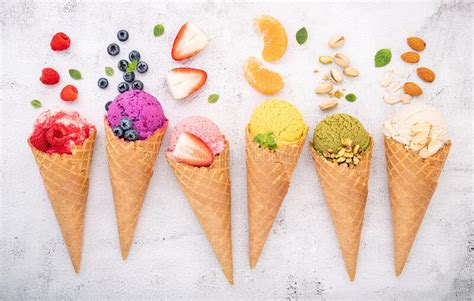 Various Of Ice Cream Flavor In Cones Blueberry Pistachio Almond