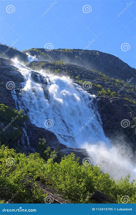 Langfossen Waterfall In Summer Stock Image Image Of Mountain