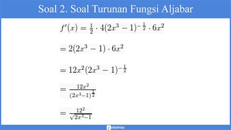 Video ini adalah cara untuk menentukan turunan pertama dari fungsi y.silahkan. √ Turunan Fungsi Aljabar: Turunan Dasar, Rumus, Soal ...