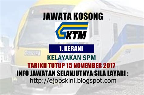 Sebarang info bagi kerja kosong ktmb terbaru akan dikemaskini disini dari masa ke semasa. Jawatan Kosong Sebagai Kerani Keretapi Tanah Melayu Berhad ...