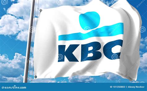 Waving Flag With Kbc Bank Logo Against Clouds And Sky Editorial 3d