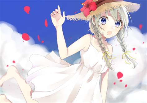 Wallpaper Anime Girl White Summer Dress Straw Hat Petals Braids