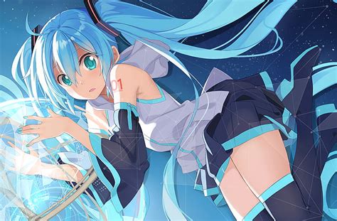 初音ミク、 ボーカロイド、 アニメ、 アニメの女の子、 青い髪、 ツインテール、 青い目、 太もも、 hdデスクトップの壁紙 wallpaperbetter