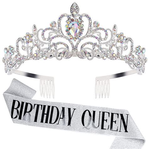 GetUSCart Birthday Queen Sash Crystal Tiara Kit COCIDE Birthday Silver Tiara And Crowns For