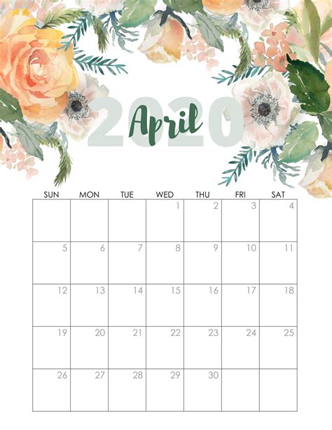 Floral April 2020 Calendar Calendar Printables Cute Calendar April