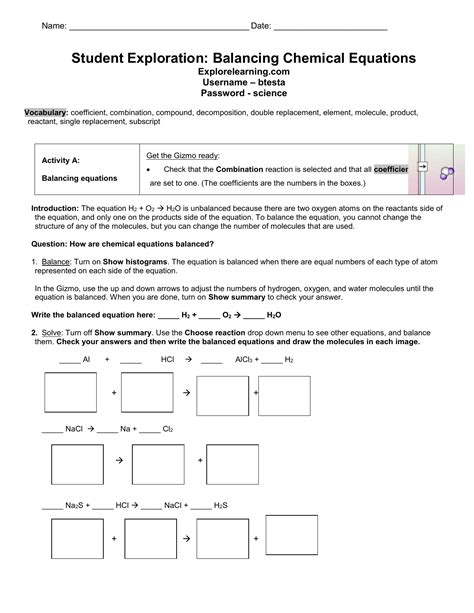 Student Exploration Balancing Chemical Equations Gizmo Answers