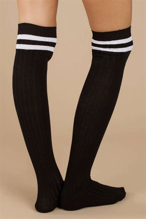 black socks knee high socks black athletic striped socks