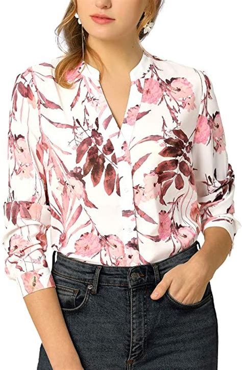 Allegra K Womens Chiffon Floral Loose Tops V Neck Long Sleeve Button