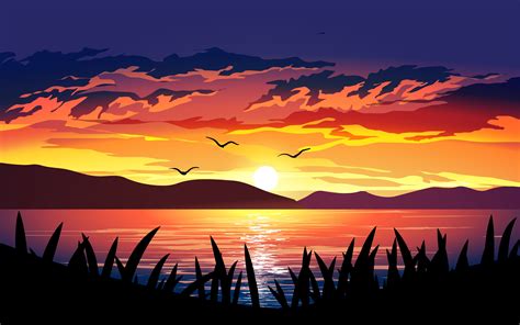 Dramatic Sunset Over The Lake 1308868 Vector Art At Vecteezy