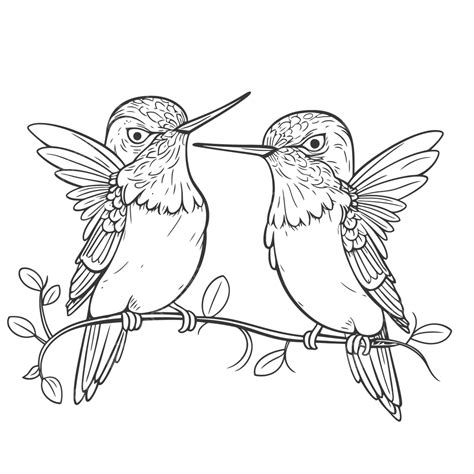 Two Cartoon Hummingbirds Are Sitting On A Branch Outline Sketch Drawing