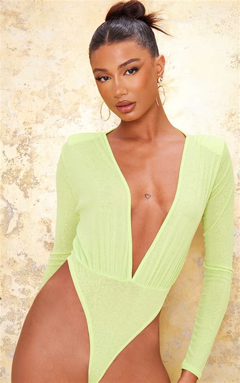 Lime Sheer Ruched Plunge Bodysuit Co Ords Prettylittlething Ie