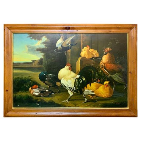 Large Scale European Oil On Canvas Painting Of Chickens And Roosters