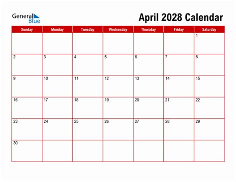 Basic Monthly Calendar April 2028