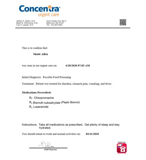 Urgent Care Concentra Doctors Note Template Dr Note For Work