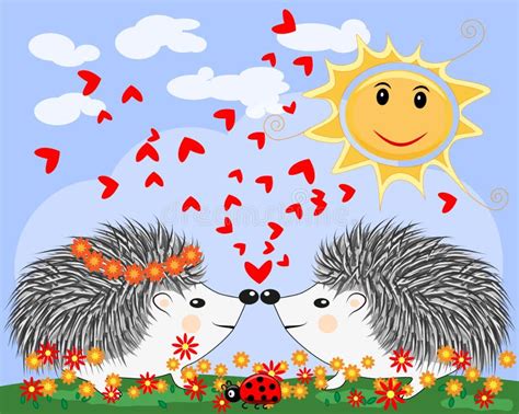 Two Lovers Cute Cartoon Hedgehogs A Boy And A Girl Near A Seven