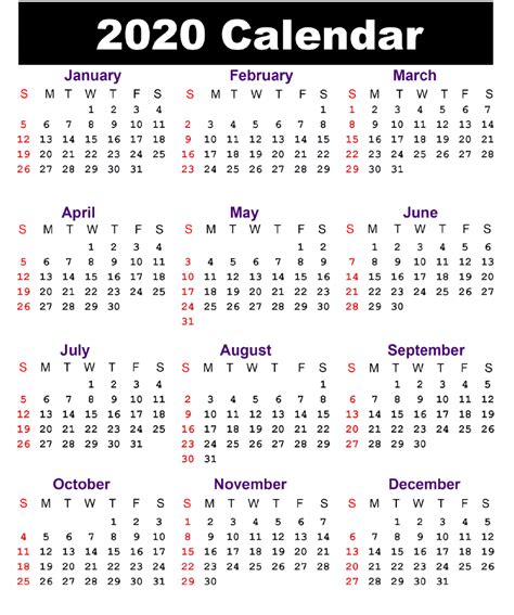 2020 Yearly Calendar Printable South Africa