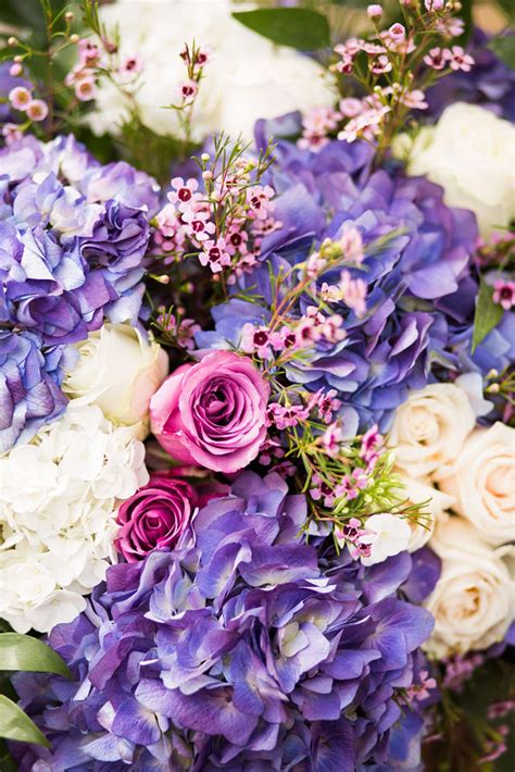 Purple And White Hydrangeas Pink Roses Waxflowers Wedding Flower