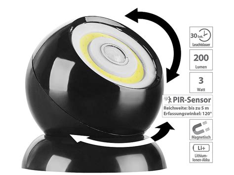 Luminea Kabellose Lampen: Ultrahelle COB-LED-Akku-Leuchte mit PIR-Sensor, 200 Lumen, schwarz