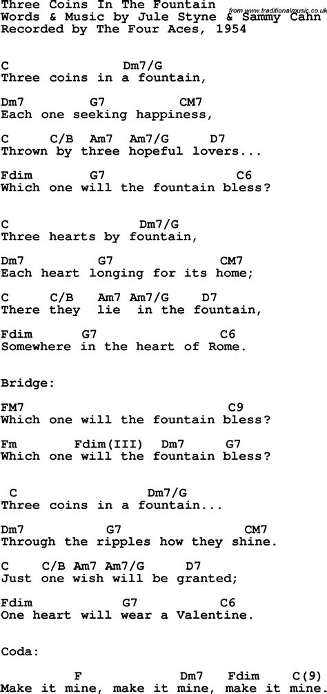 Song Lyrics With Guitar Chords For Three Coins In The Fountain The
