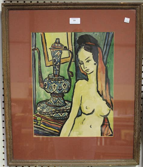 Sevek Female Nude With Coffee Pot 20th Century Watercolour Signed