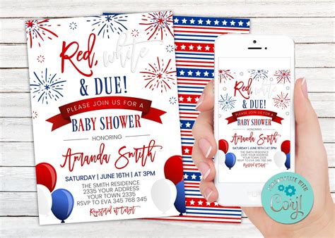 Editable Red White And Due Baby Shower Invite 4th Of July Baby Shower