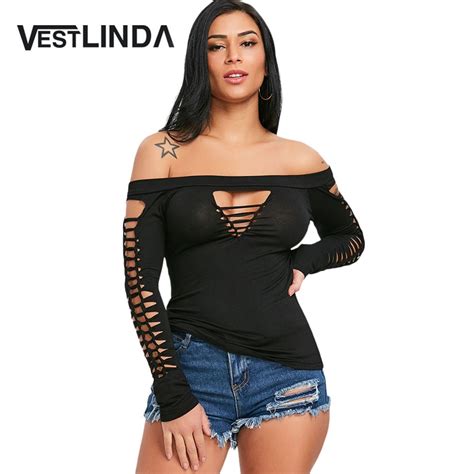Vestlinda Ladder Cut Off Shoulder T Shirt Women Summer Sexy Long