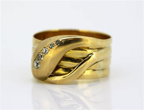 Vintage 18 Karat Yellow Gold Mens Snake Ring With Diamonds 1950s For