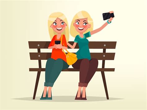 Duas Loiras Sentado Num Banco Est O Fazendo Selfie Vetor Premium