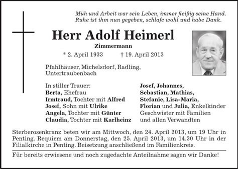 Alfred «fredi» marius heer (* 12. Traueranzeige Familienanzeigen / Todesanzeigen - idowa Markt
