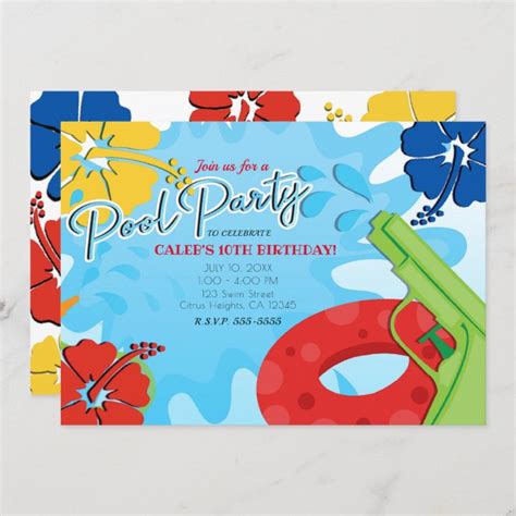 Pool Party Squirt Gun Water Fun Summer Hibiscus Invitation Au