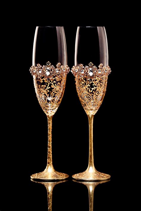 Personalized Glasses Gold Wedding Glasses With Crystals Bride Groom Glasses Wedding Flutes