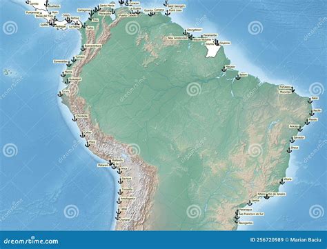 The Continent Of South America Illustration With The Ports Royalty Free