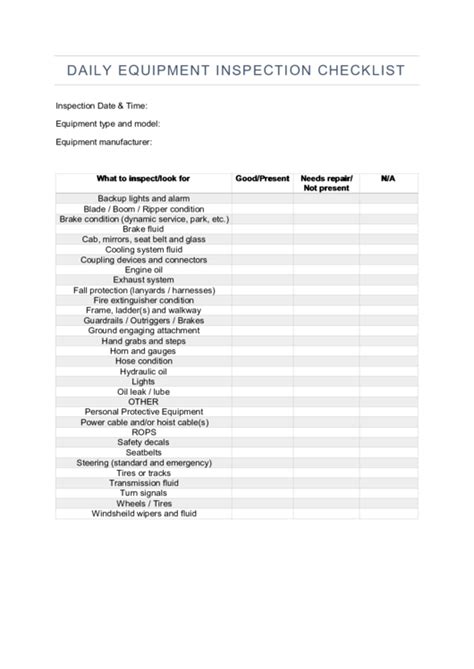 Daily Equipment Inspection Checklist Template Printable Pdf Download