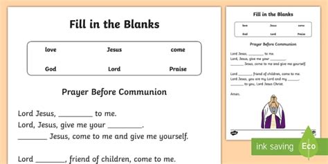 Prayer Before Communion Fill In The Blanks Worksheet Worksheet