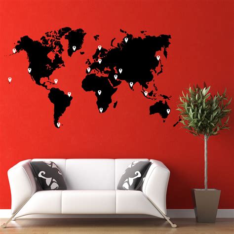 World Map Vinyl Wall Decal World Map With Pins