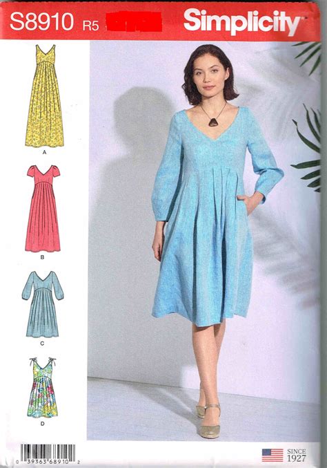 Sewing Pattern Dress Maxi Midi Simplicity Deep V Neckline Empire Waistline Misses Size